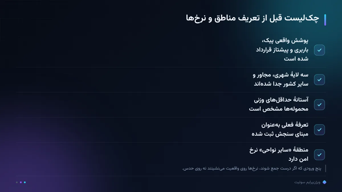 چک‌لیست قبل از تعریف مناطق و نرخ‌ها