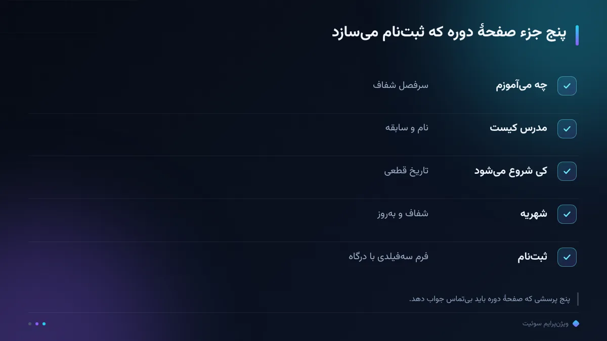 پنج جزء صفحهٔ دوره که ثبتنام میسازد