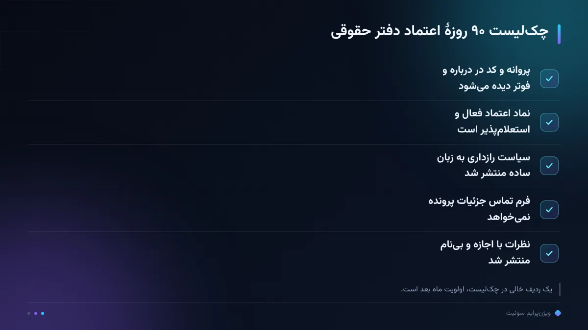 چک‌لیست ۹۰ روزهٔ اعتماد دفتر حقوقی