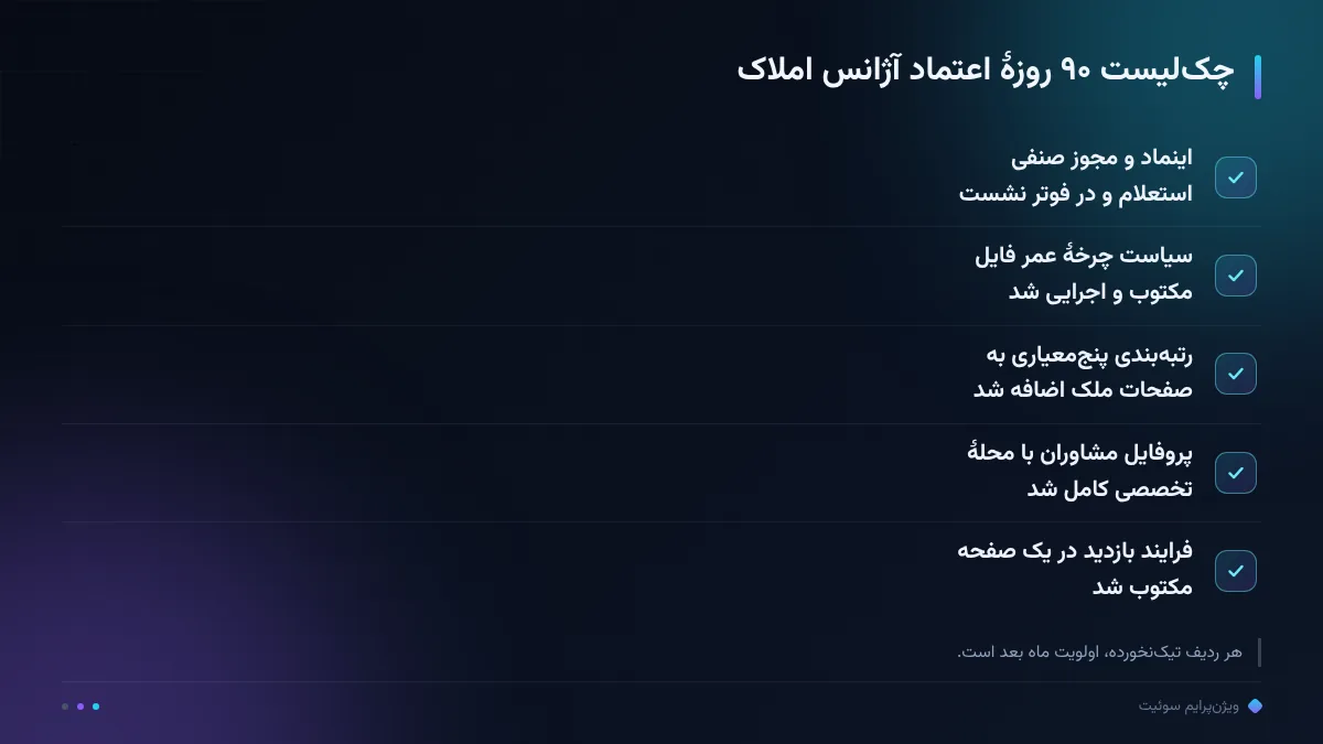 چک‌لیست ۹۰ روزهٔ اعتماد آژانس املاک