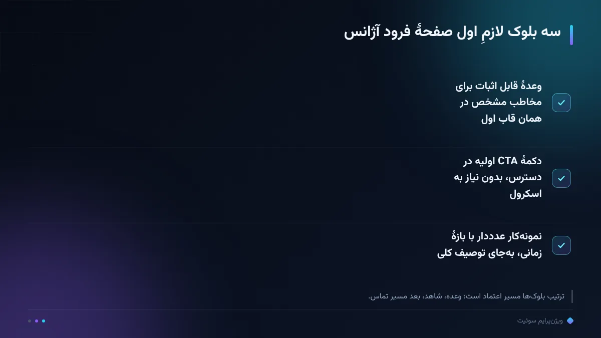 سه بلوک لازمِ اول صفحهٔ فرود آژانس