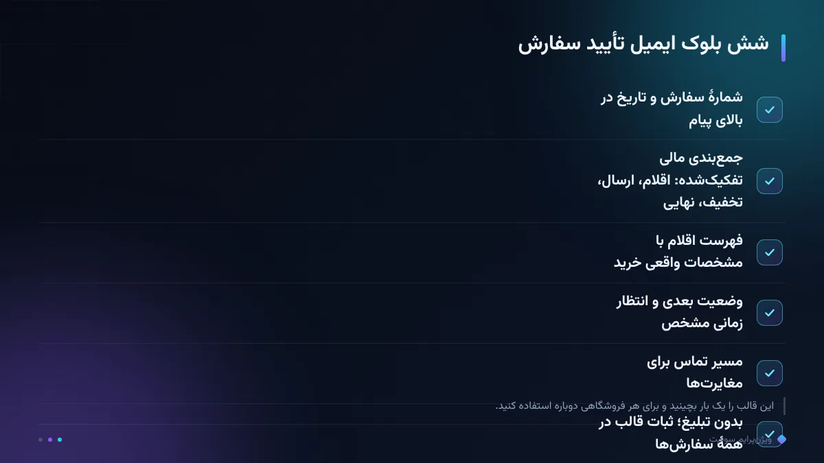 شش بلوک ایمیل تأیید سفارش