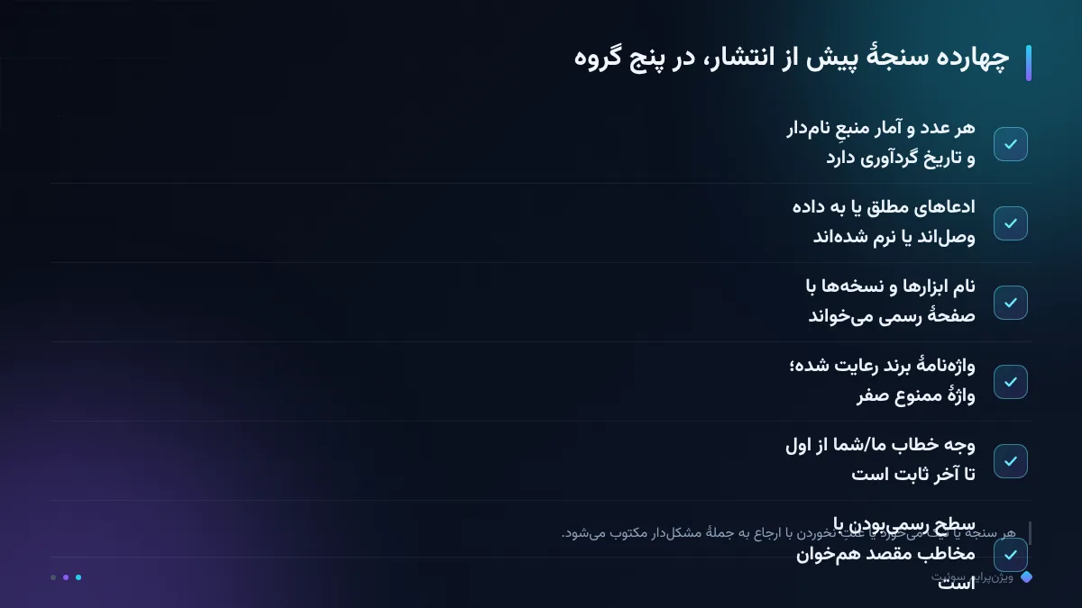 چهارده سنجهٔ پیش از انتشار، در پنج گروه
