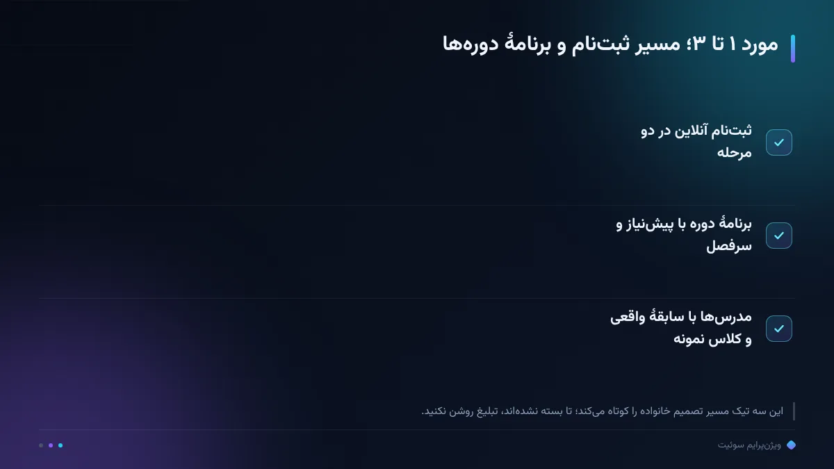 مورد ۱ تا ۳؛ مسیر ثبتنام و برنامهٔ دورهها